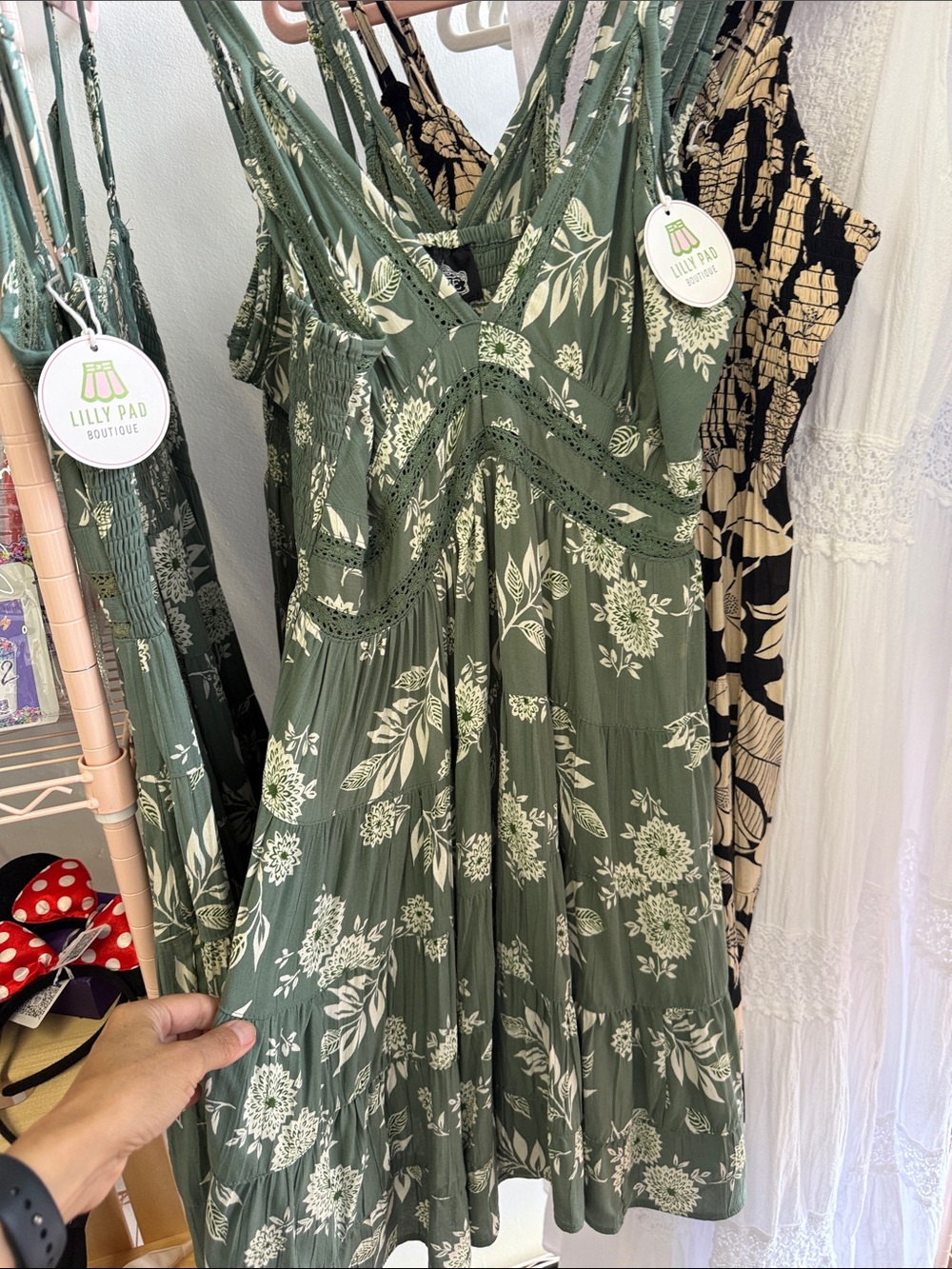 Olive Green Floral Lace-Detail Sundress